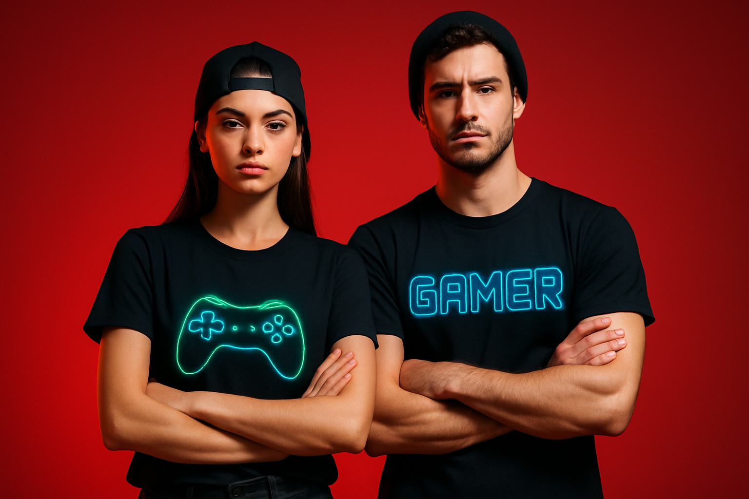A premium lifestyle photo of a young stylish man and woman wearing matching black gaming t-shirts, standing confidently with crossed arms in front of a bold red background with soft gradient lighting. The t-shirt design glows subtly with gamer-style energy (neon-inspired). Clean, minimal, high-fashion editorial look with a modern streetwear vibe. Shot in cinematic style with sharp details and soft shadows. Perfect for e-commerce hero section with red theme.