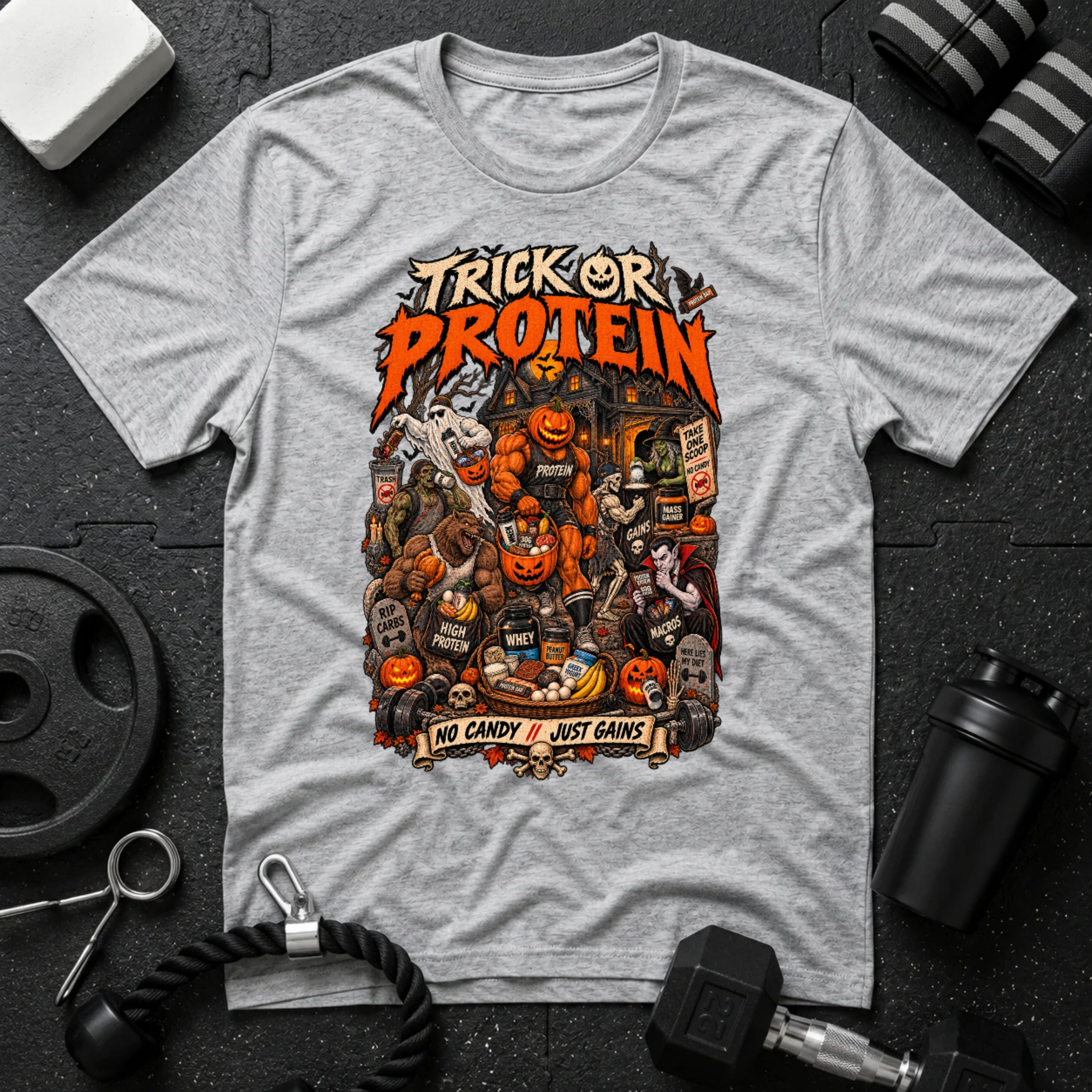 Trick Or Protein Sport Grey T-shirt mockup