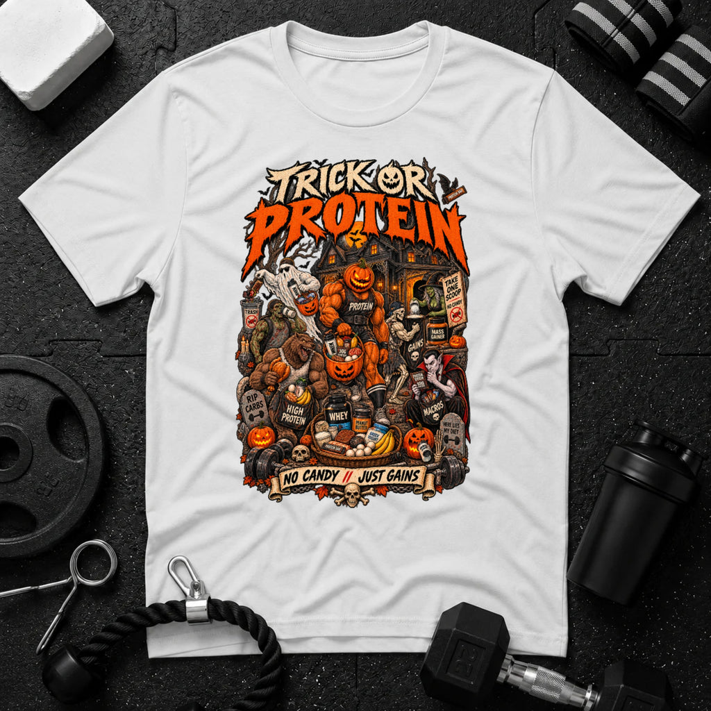 Trick Or Protein White T-shirt mockup