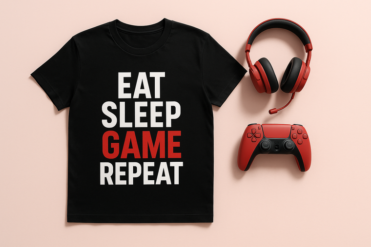 A minimal premium flat-lay image of a black gaming t-shirt with bold white and red text design, placed on a soft pastel pink background with subtle gradient shadows. Add sleek red accents like a gaming headset or PS5 controller beside the shirt to match the red social icons. Clean, modern, stylish, and Instagram-worthy look. High resolution, professional product photography style, with plenty of blank space for footer integration.