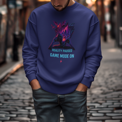 Game Mode On Sweatshirt, Unisex Cozy Crewneck, Gamer Gift, Reality Paused Apparel, Perfect for Gaming Nights, Casual Layering