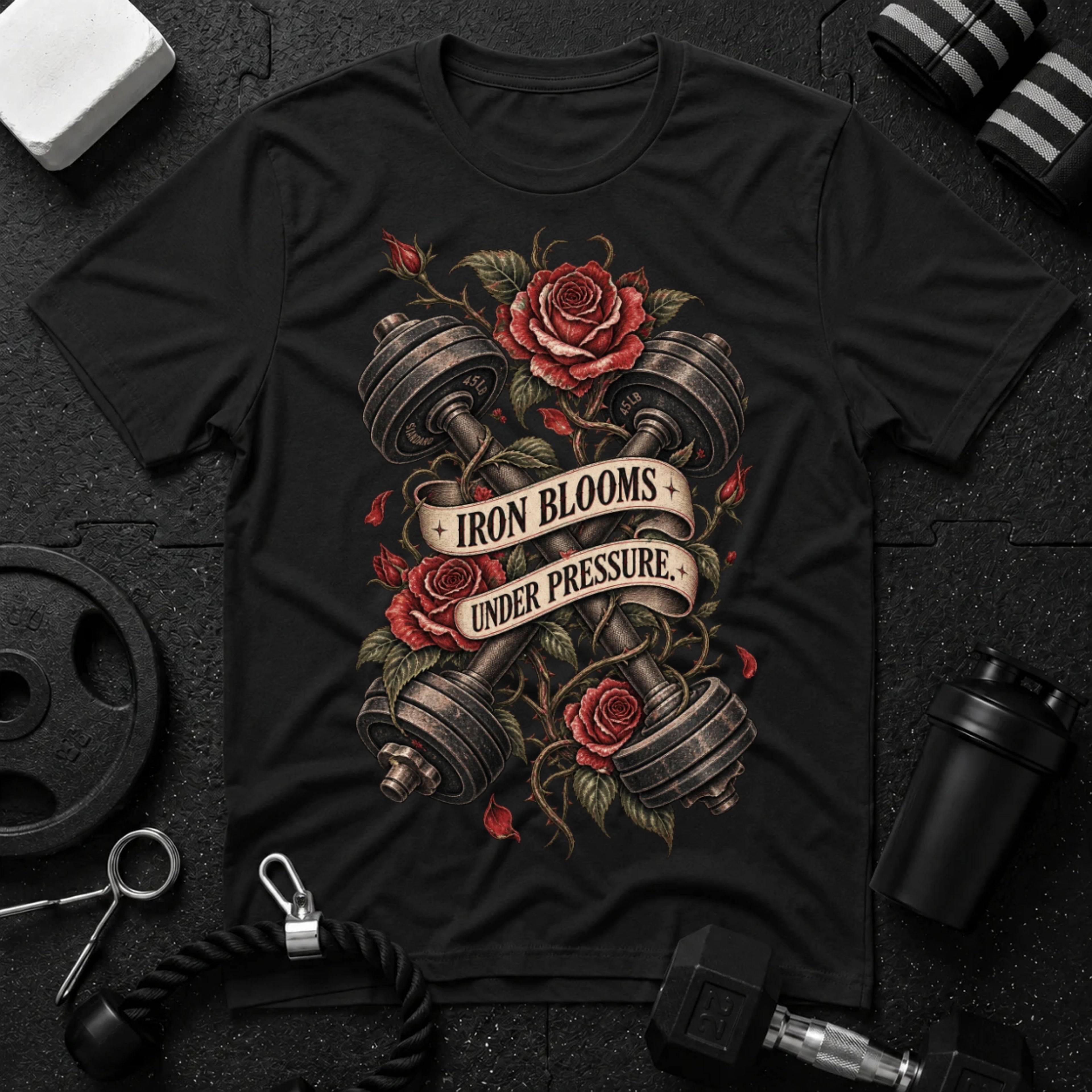 Iron Blooms Under Pressure Black T-shirt mockup