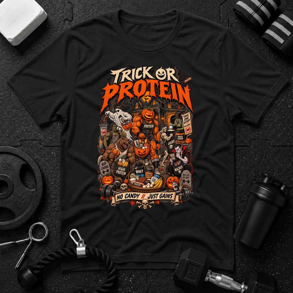 Trick Or Protein Black T-shirt mockup
