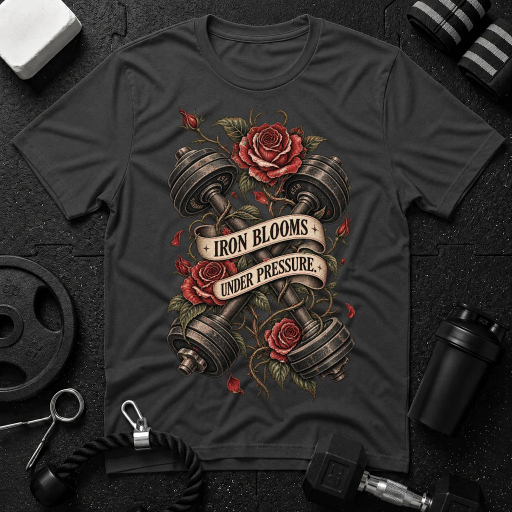 Iron Blooms Under Pressure Dark Heather T-shirt mockup