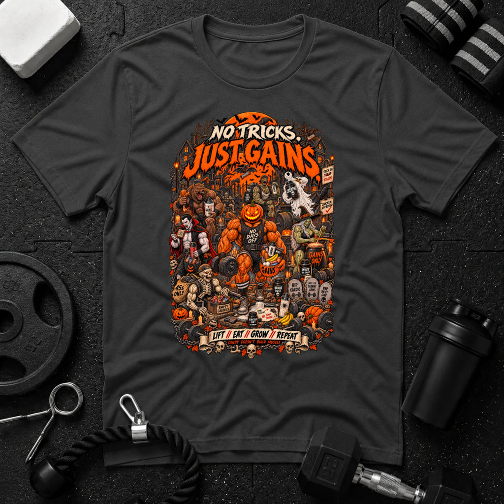Just Gains Dark Heather T-shirt mockup