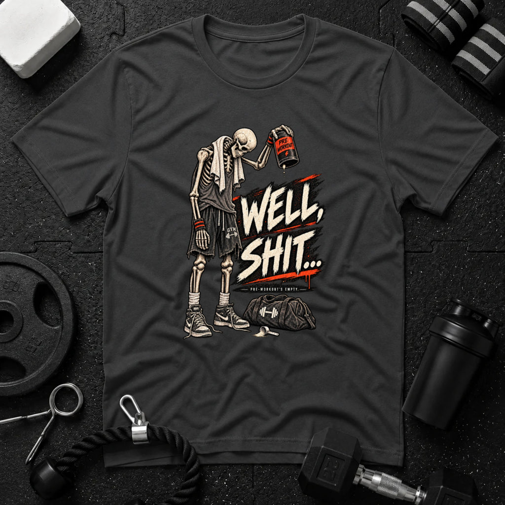 Well shit Pre-workout over Dark Heather T-shirt mockup