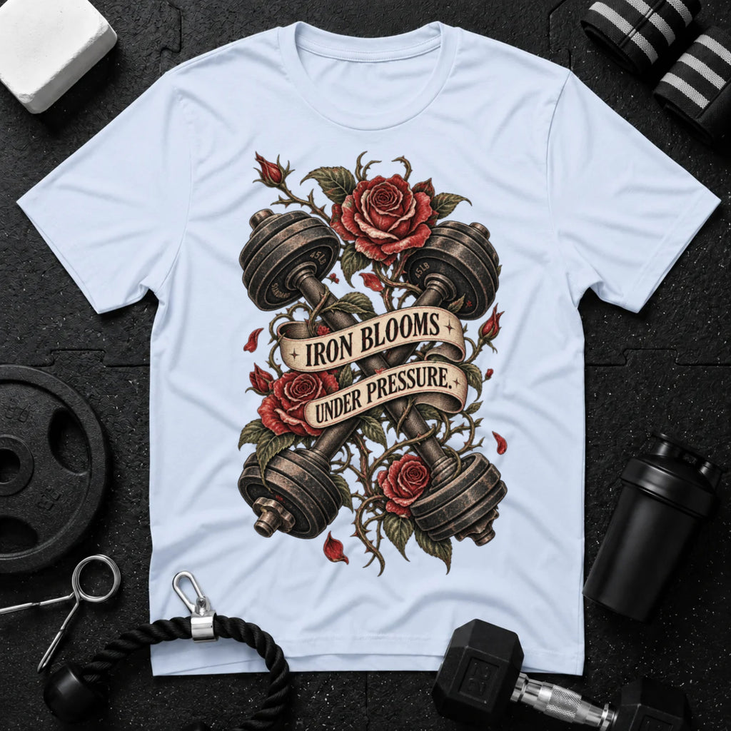 Iron Blooms Under Pressure Light Blue T-shirt mockup