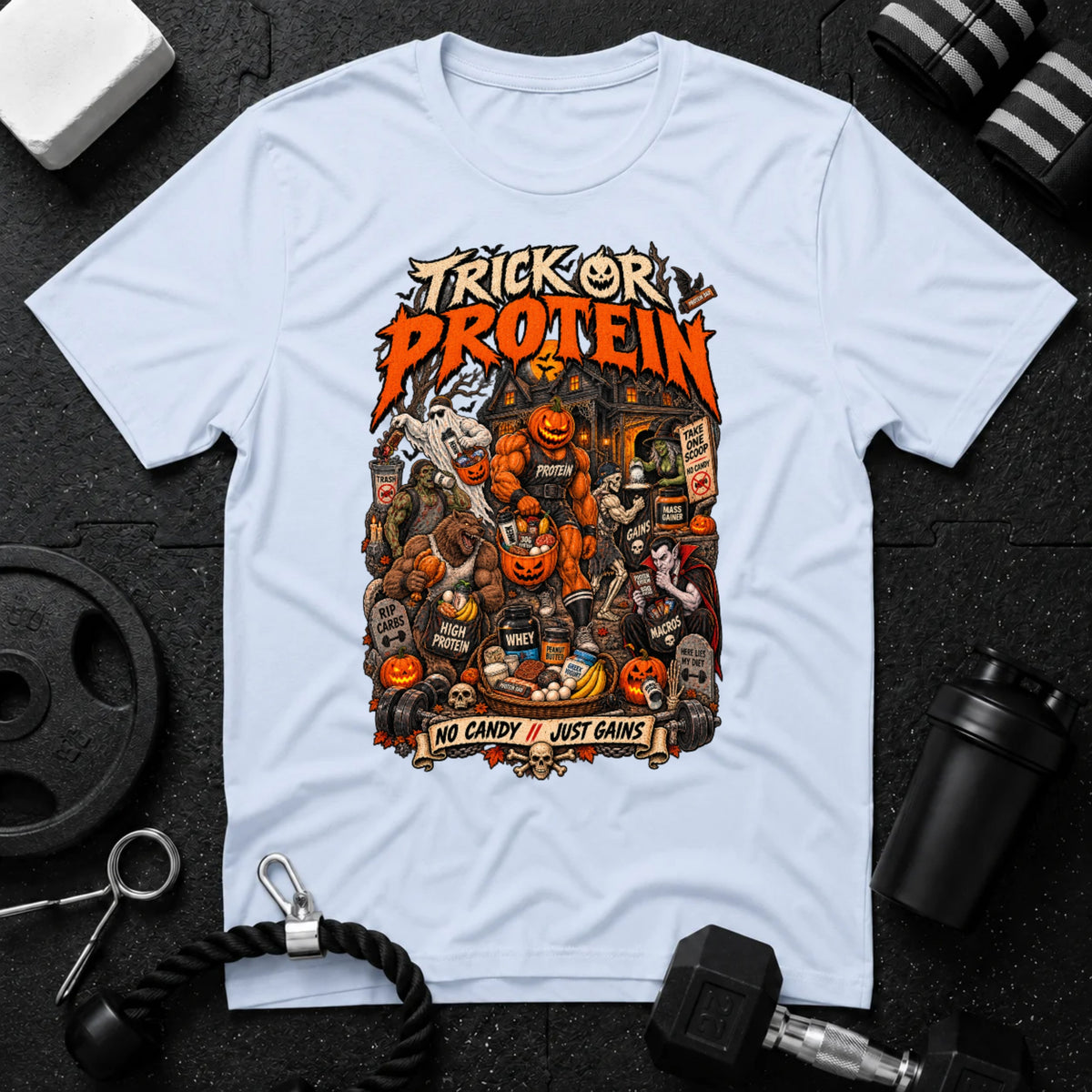 Trick Or Protein Light Blue T-shirt mockup
