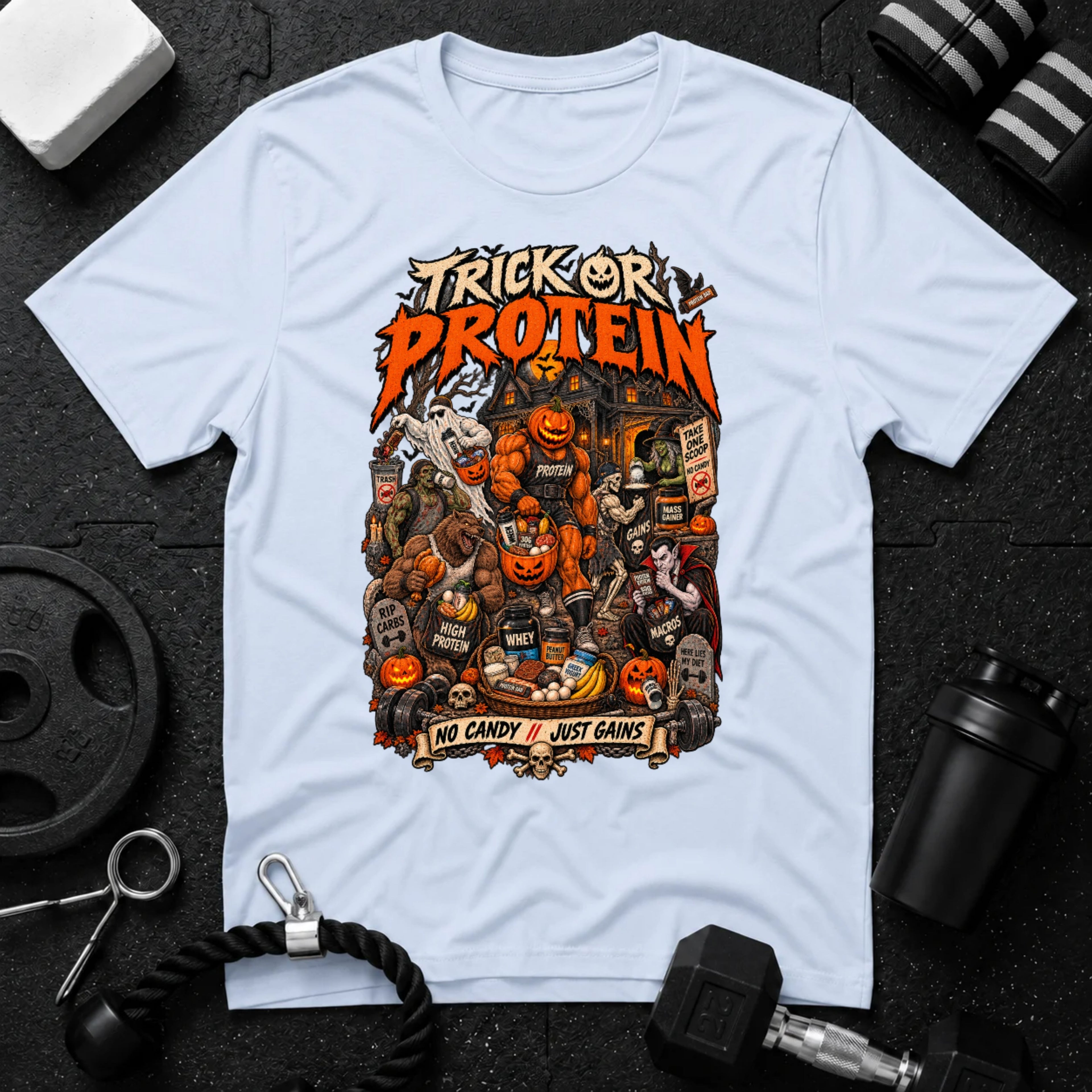 Trick Or Protein Light Blue T-shirt mockup