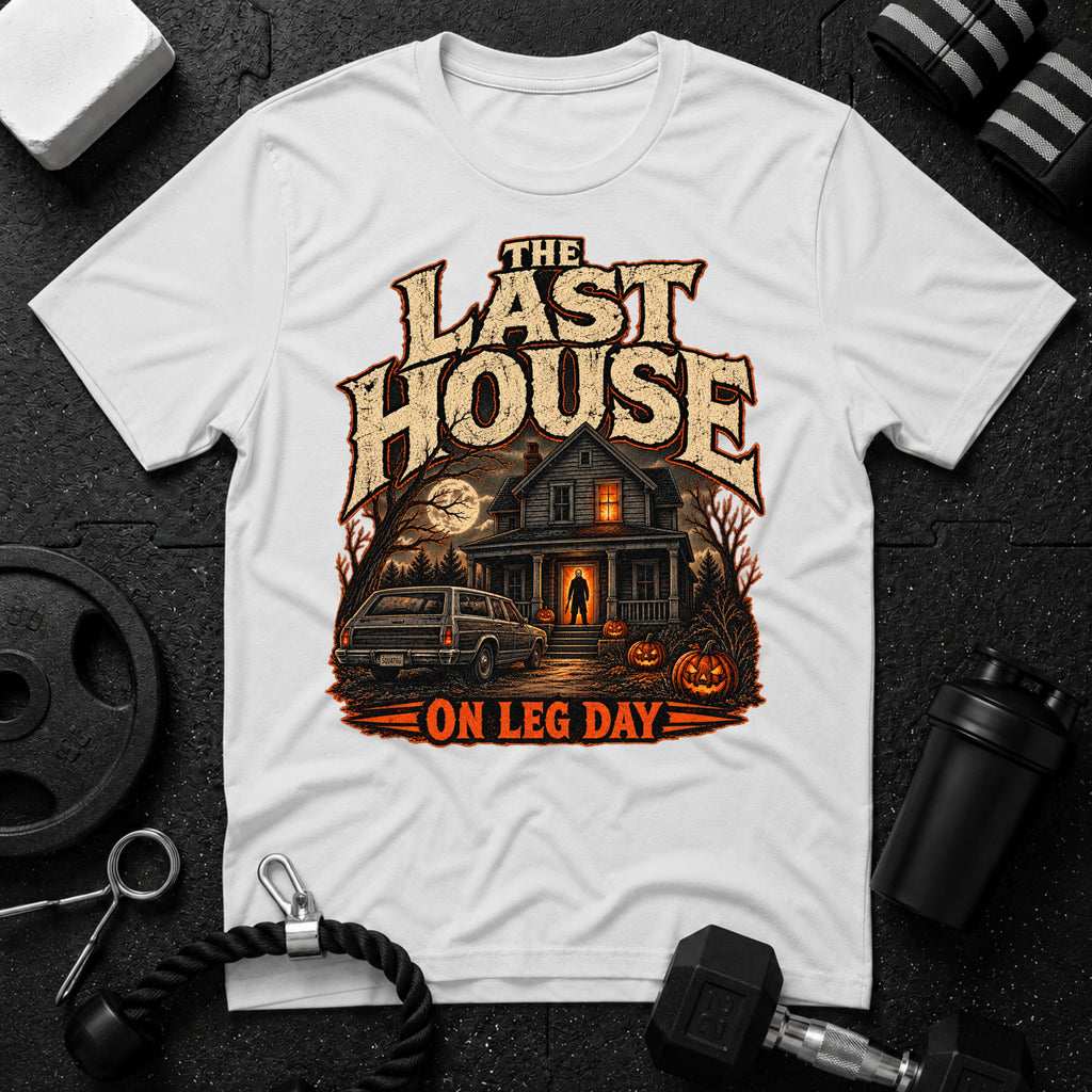 On leg day White T-shirt mockup