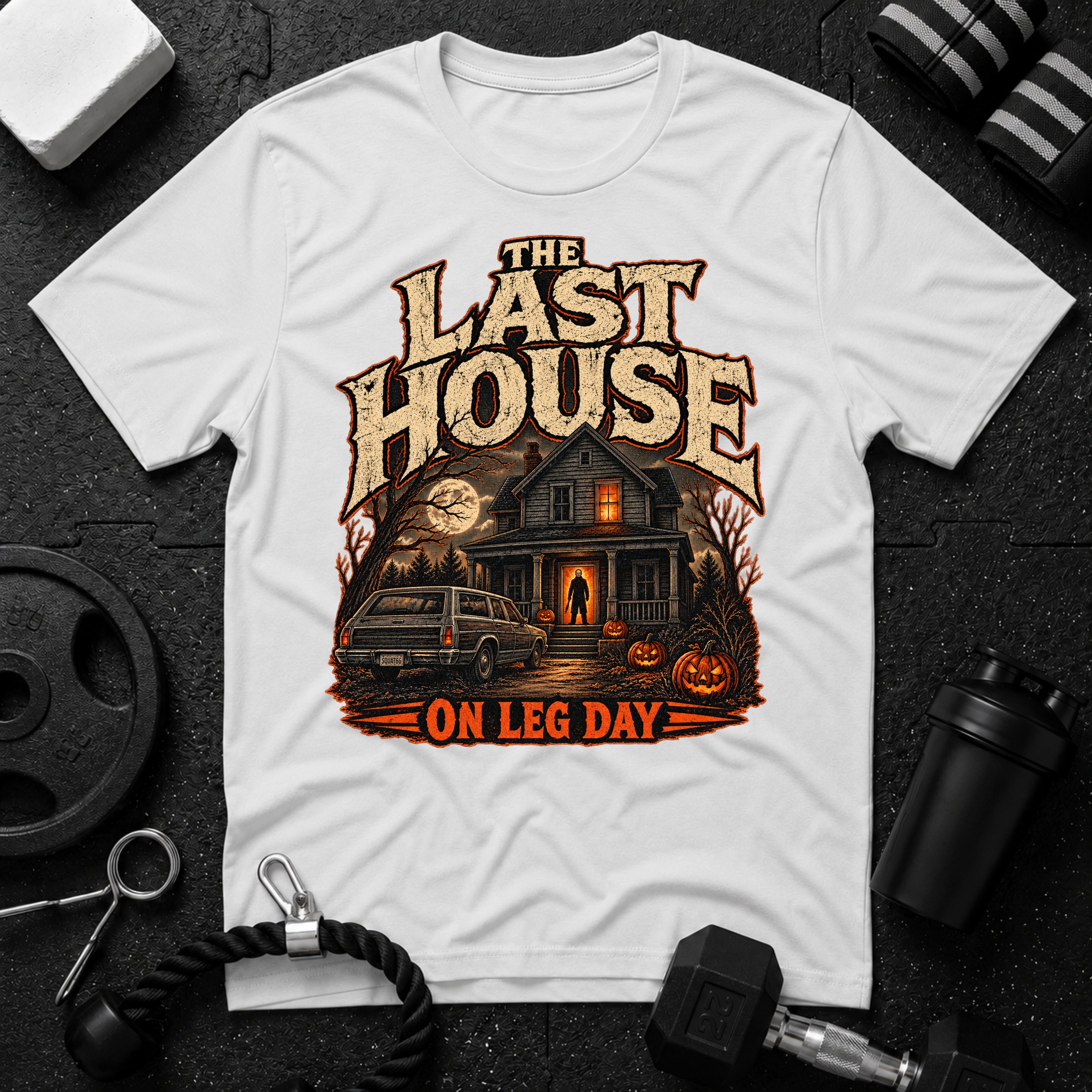 On leg day White T-shirt mockup