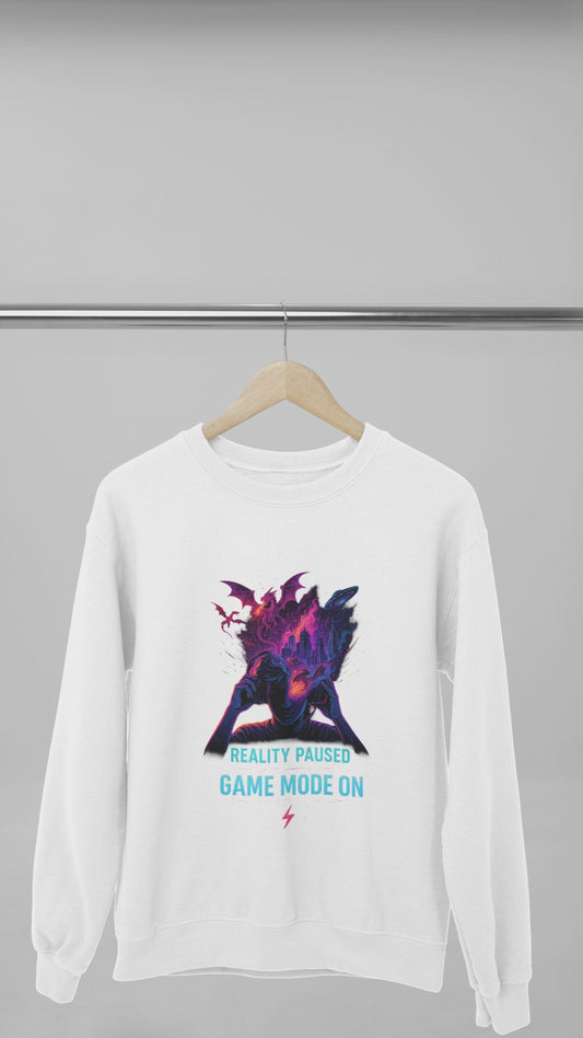 Game Mode On Sweatshirt, Unisex Cozy Crewneck, Gamer Gift, Reality Paused Apparel, Perfect for Gaming Nights, Casual Layering