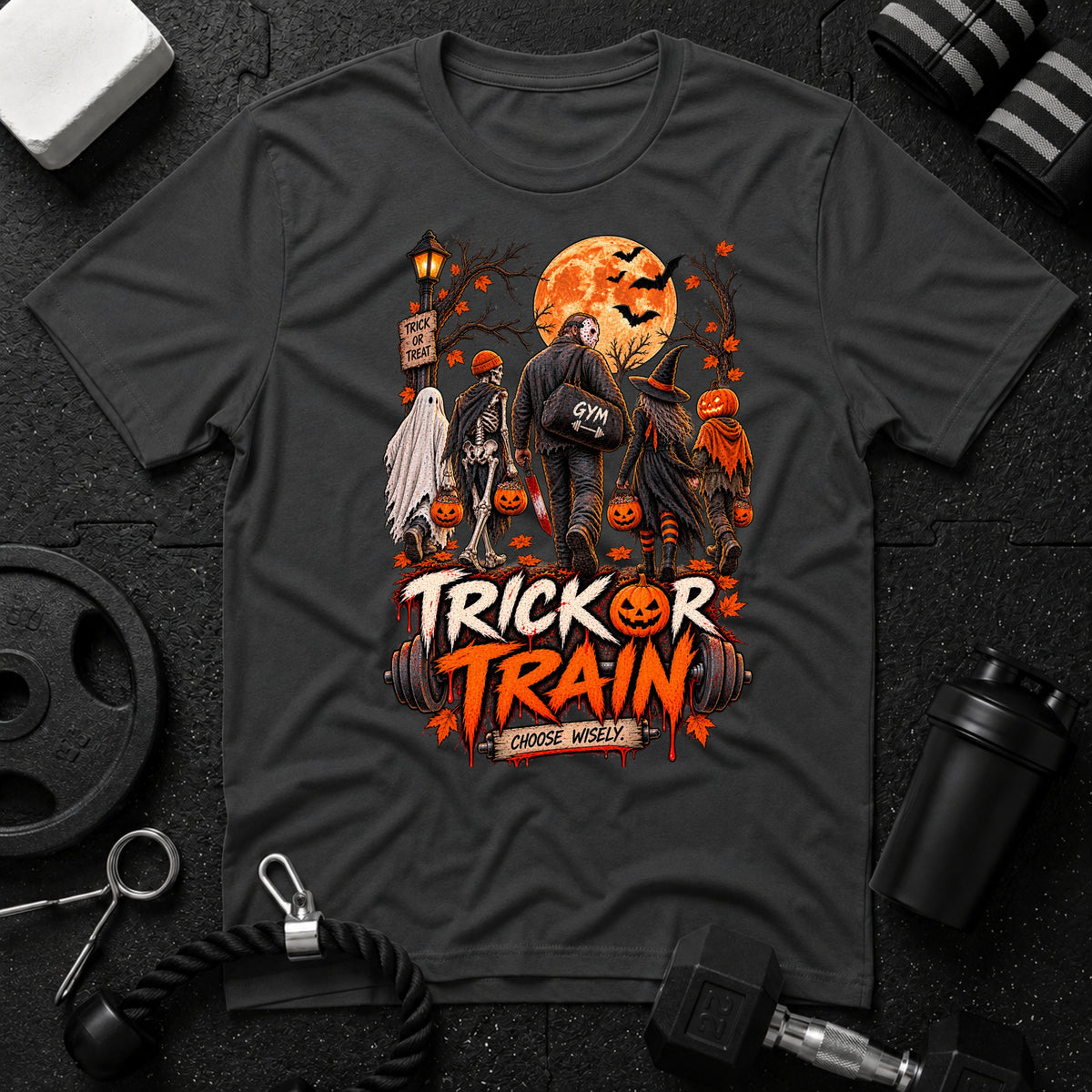 Trick Or Train Dark Heather T-shirt mockup