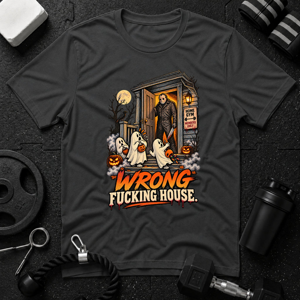 Wrong Fucking House Dark Heather T-shirt mockup